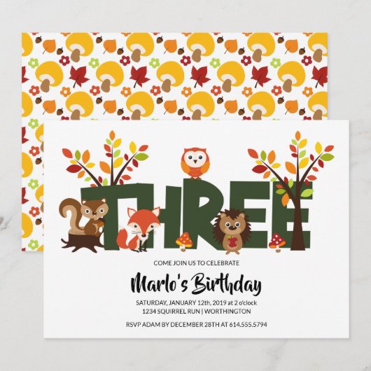 Uitnodiging van Woodland Animal op de derde verjaa (Voorkant / Achterkant)