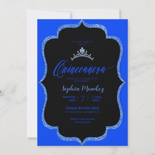 Uitnodiging van zwarte en blauwe Quinceanera (Voorkant)