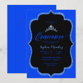 Uitnodiging van zwarte en blauwe Quinceanera (Voorkant / Achterkant)