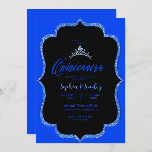 Uitnodiging van zwarte en blauwe Quinceanera (Voorkant / Achterkant)