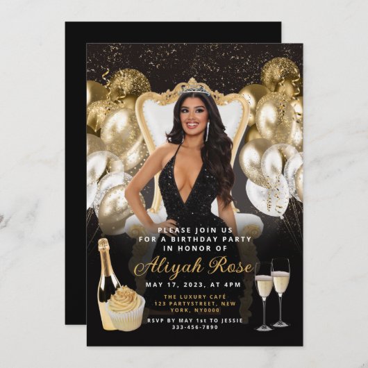 Uitnodiging van zwarte en gouden ballonnen (Voorkant / Achterkant)