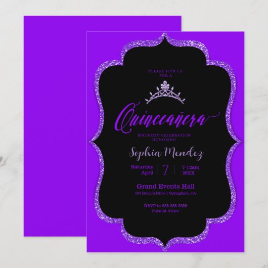 Uitnodiging van zwarte en paarse Quinceanera (Voorkant / Achterkant)