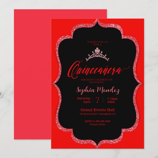Uitnodiging van zwarte en rode Quinceanera (Voorkant / Achterkant)