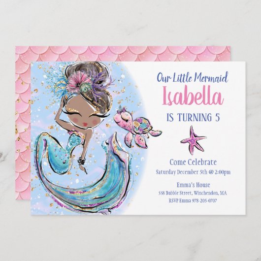 Uitnodiging van Zwarte Zeemeermin Birthday (Voorkant / Achterkant)