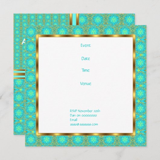 Uitnodiging Verjaardag Aqua & Gold Patchwork (Voorkant / Achterkant)