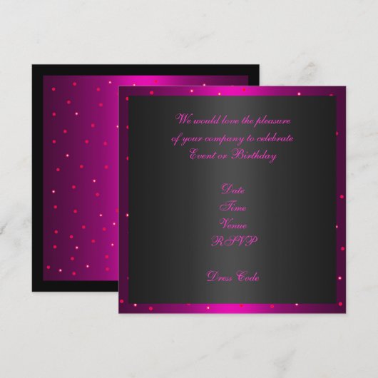 Uitnodiging Verjaardag Black & Hot Pink Spots (Voorkant / Achterkant)