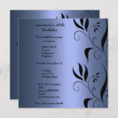 Uitnodiging Verjaardag Blauw met Zwarte Bloemen (Voorkant / Achterkant)