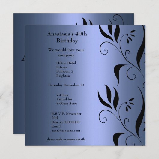 Uitnodiging Verjaardag Blauw met Zwarte Bloemen (Voorkant / Achterkant)