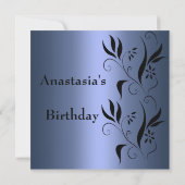 Uitnodiging Verjaardag Blauw met Zwarte Bloemen (Achterkant)