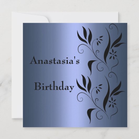 Uitnodiging Verjaardag Blauw met Zwarte Bloemen (Achterkant)