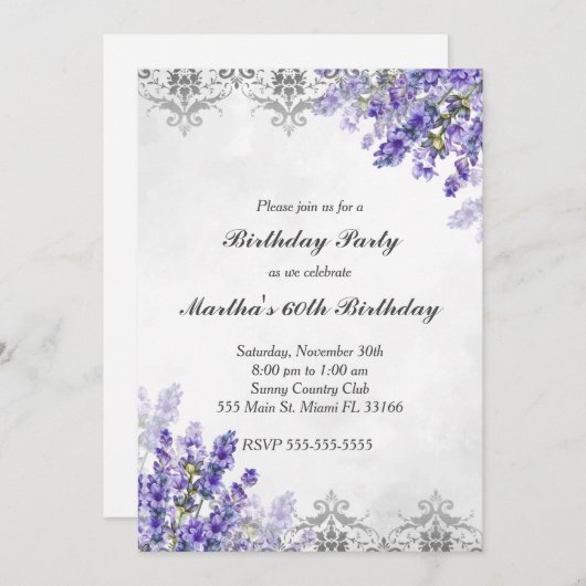 Uitnodiging verjaardag bloemmotief lavendel zilver (Voorkant / Achterkant)
