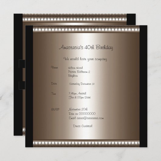 Uitnodiging Verjaardag Brons Zwart Roos Bow (Voorkant / Achterkant)