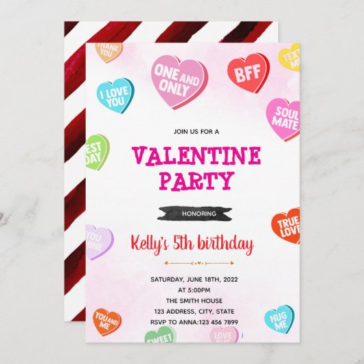 Uitnodiging verjaardag Conversation Hearts (Voorkant / Achterkant)