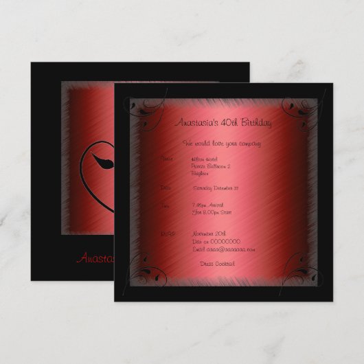 Uitnodiging Verjaardag Glamour Red Black Floral (Voorkant / Achterkant)
