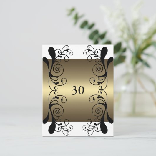 Uitnodiging Verjaardag Goud Wit & Zwart Bloemen Gl (Staand voorkant)