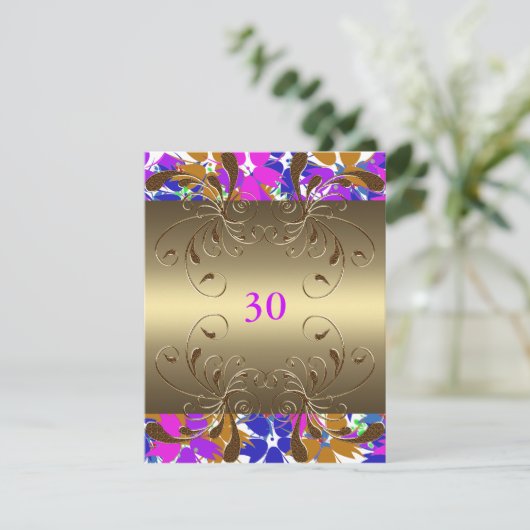 Uitnodiging Verjaardag Gouden Bloemen Glam (Staand voorkant)