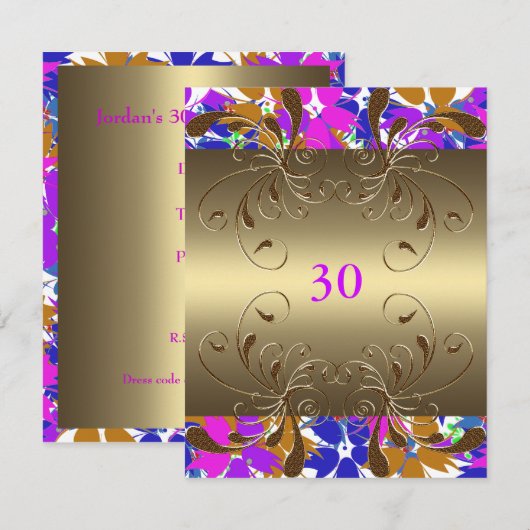 Uitnodiging Verjaardag Gouden Bloemen Glam (Voorkant / Achterkant)