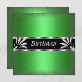 Uitnodiging Verjaardag Groen Zilver Bloemen (Voorkant / Achterkant)