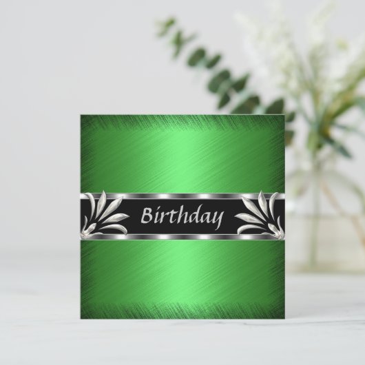 Uitnodiging Verjaardag Groen Zilver Bloemen (Staand voorkant)