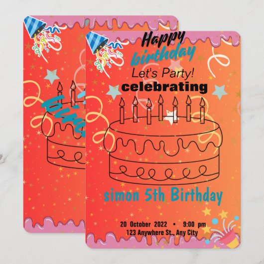 Uitnodiging verjaardag kleurrijk (Voorkant / Achterkant)