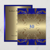 Uitnodiging Verjaardag Kobalt & Goud Bloemen Glam (Voorkant / Achterkant)