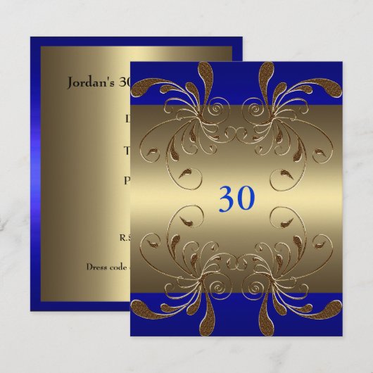 Uitnodiging Verjaardag Kobalt & Goud Bloemen Glam (Voorkant / Achterkant)