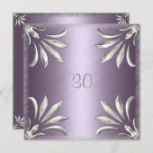 Uitnodiging Verjaardag Mauve met Zilveren Bloemen (Voorkant / Achterkant)