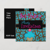 Uitnodiging Verjaardag Meisjes Cupcake Blauw (Voorkant / Achterkant)