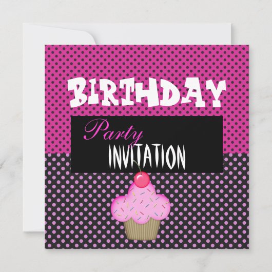 Uitnodiging Verjaardag Meisjes Cupcake Roze Stip (Voorkant)
