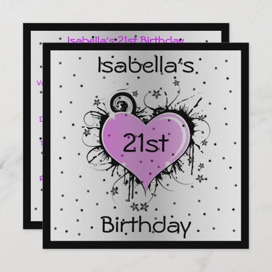 Uitnodiging Verjaardag Paarse Hart op Zwart (Voorkant / Achterkant)