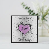 Uitnodiging Verjaardag Paarse Hart op Zwart (Staand voorkant)