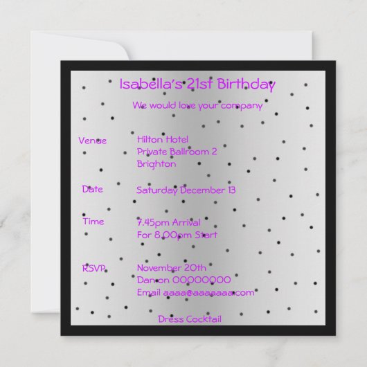 Uitnodiging Verjaardag Paarse Hart op Zwart (Achterkant)