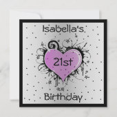 Uitnodiging Verjaardag Paarse Hart op Zwart (Voorkant)