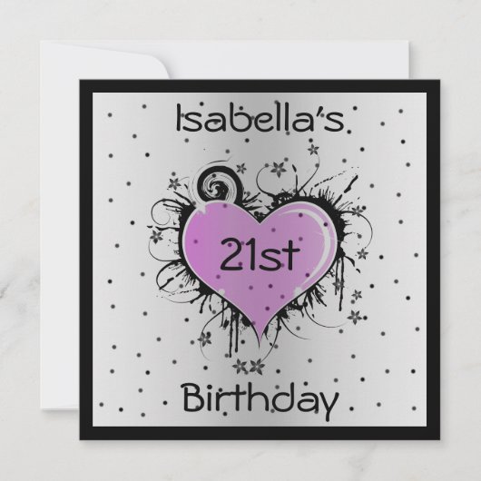 Uitnodiging Verjaardag Paarse Hart op Zwart (Voorkant)