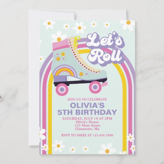 Uitnodiging verjaardag Retro Rainbow Roller skate (Voorkant)