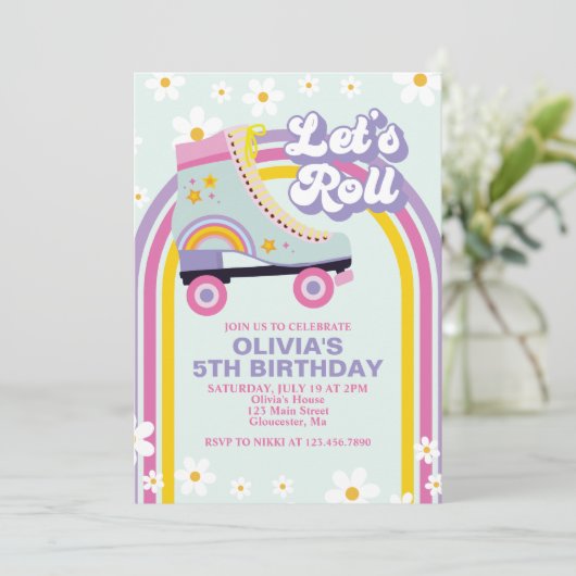 Uitnodiging verjaardag Retro Rainbow Roller skate (Staand voorkant)