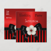 Uitnodiging verjaardag Rode Zwarte Stripe Floral (Voorkant / Achterkant)