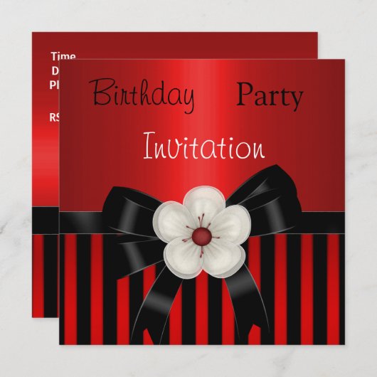 Uitnodiging verjaardag Rode Zwarte Stripe Floral (Voorkant / Achterkant)