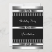 Uitnodiging Verjaardag Zilver op Zwart Chroom (Voorkant)
