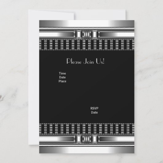 Uitnodiging Verjaardag Zilver op Zwart Chroom (Achterkant)