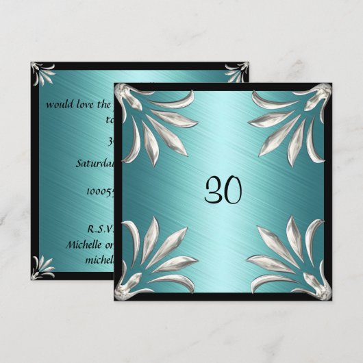 Uitnodiging Verjaardag Zwart Blauwgroen met Zilver (Voorkant / Achterkant)