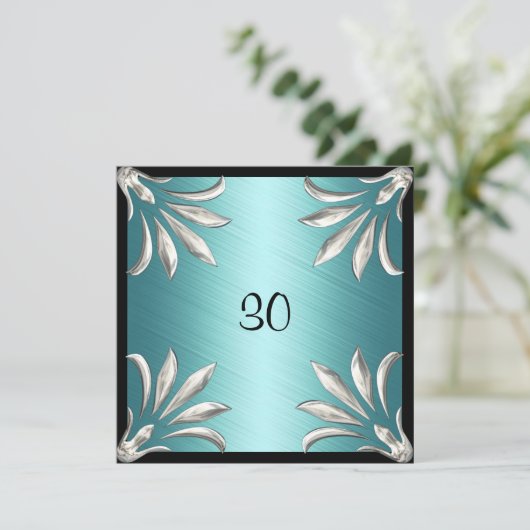 Uitnodiging Verjaardag Zwart Blauwgroen met Zilver (Staand voorkant)