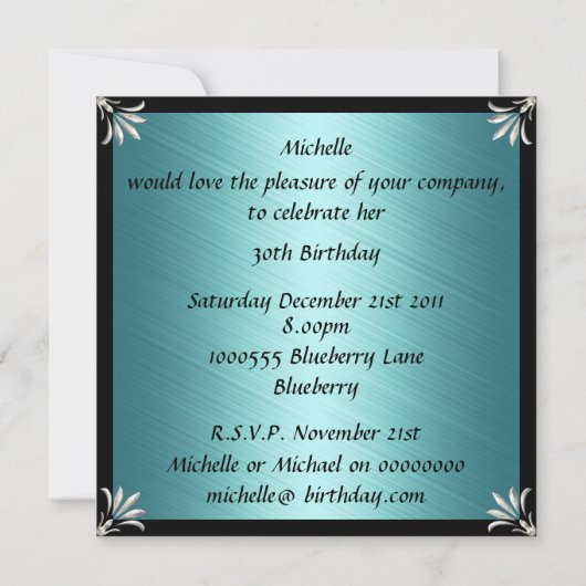 Uitnodiging Verjaardag Zwart Blauwgroen met Zilver (Achterkant)
