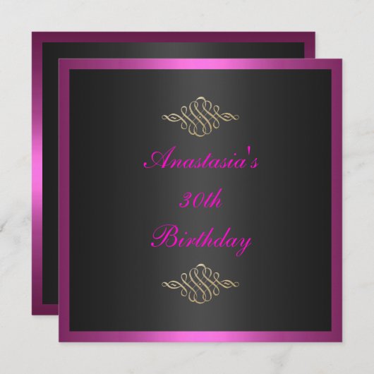 Uitnodiging Verjaardag Zwart Roze & Goud Trim (Voorkant / Achterkant)