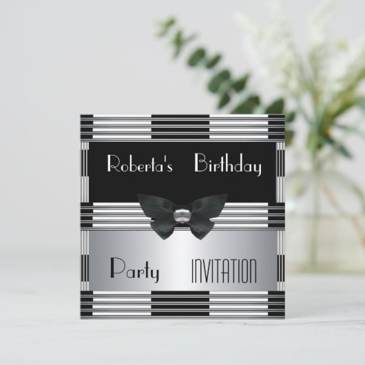 Uitnodiging Verjaardagsfeest Art Deco Zwart Zilver (Staand voorkant)