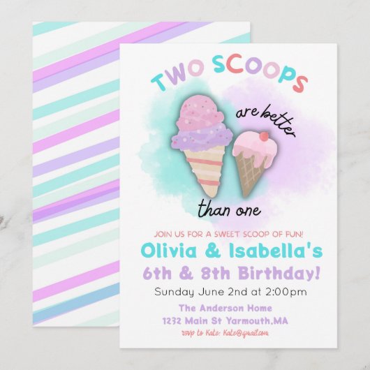 Uitnodiging verjaardagsfeest broer/zus, Dubbele ve (Voorkant / Achterkant)