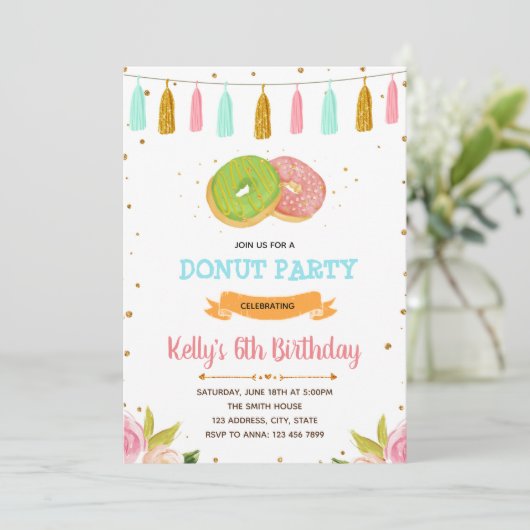 Uitnodiging verjaardagsfeest Donuts (Staand voorkant)