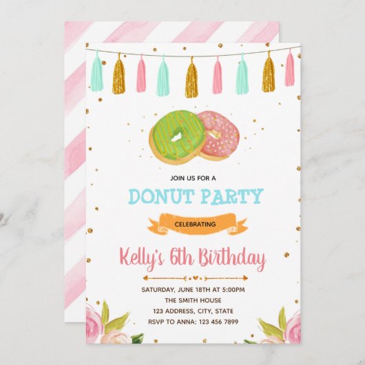 Uitnodiging verjaardagsfeest Donuts (Voorkant / Achterkant)