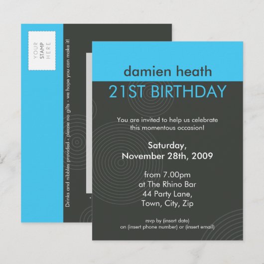 UITNODIGING VERJAARDAGSFEEST:: dynamische centric  Briefkaart (Voorkant / Achterkant)