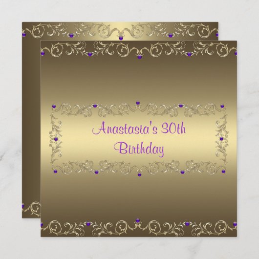 Uitnodiging Verjaardagsfeest Gouden Paarse Juweel (Voorkant / Achterkant)